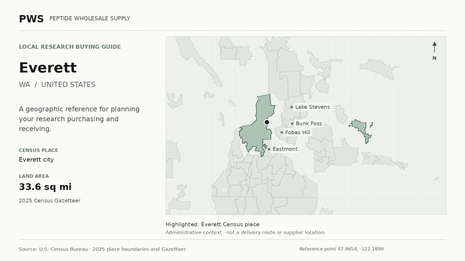 Map of the Everett city Census place boundary in WA, with nearby Census places for receiving-address planning.