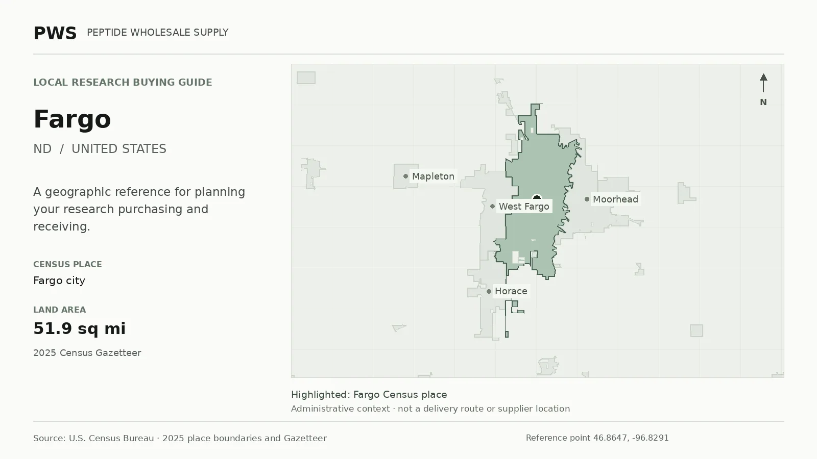 Map of the Fargo city Census place boundary in ND, with nearby Census places for receiving-address planning.