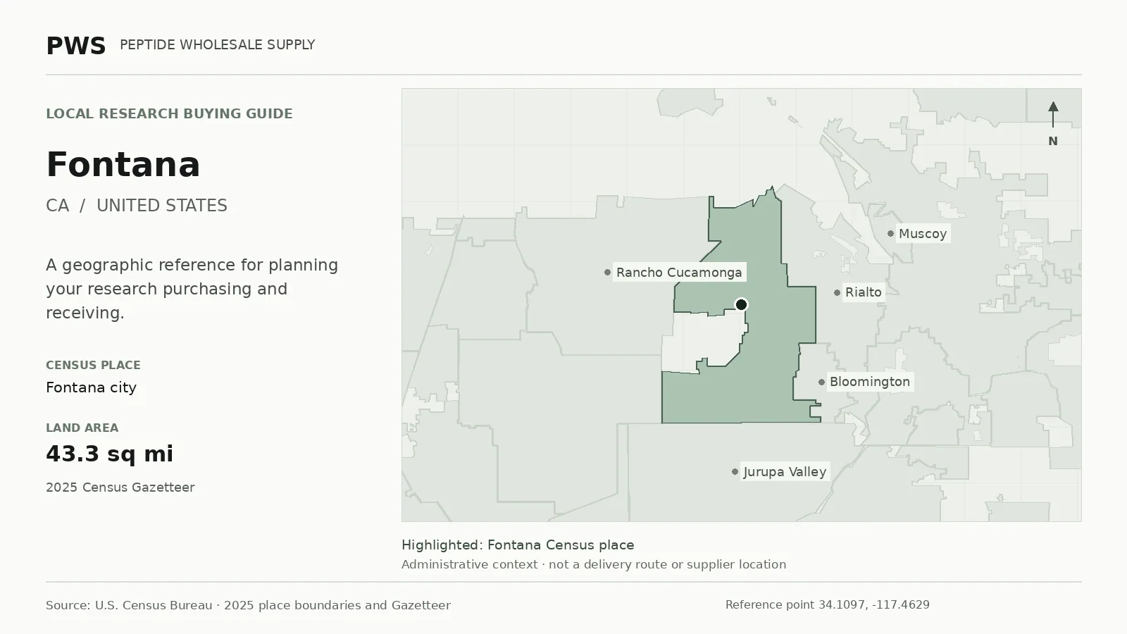Map of the Fontana city Census place boundary in CA, with nearby Census places for receiving-address planning.