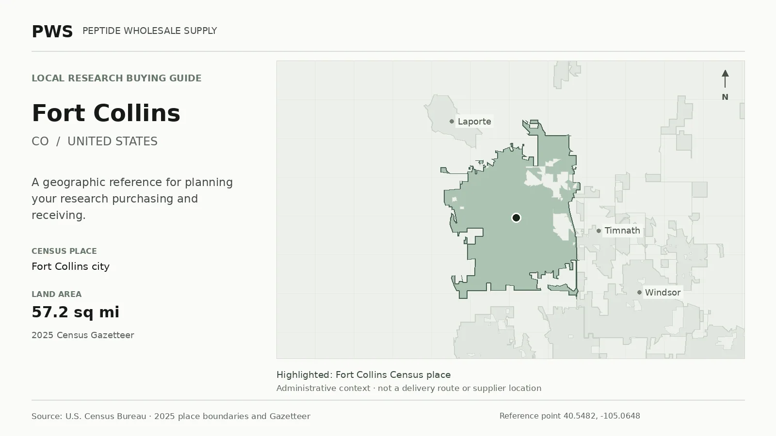 Map of the Fort Collins city Census place boundary in CO, with nearby Census places for receiving-address planning.