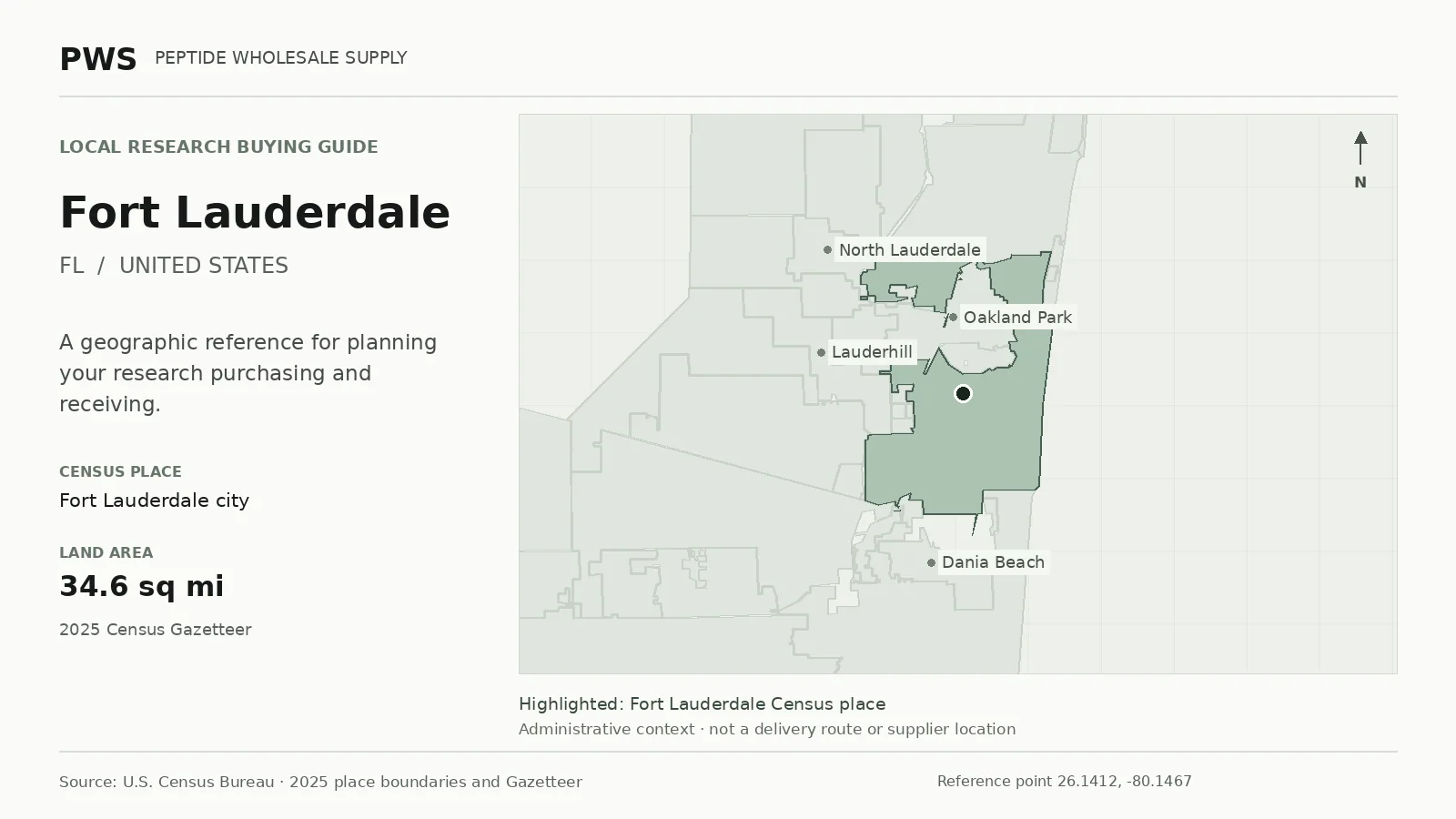 Map of the Fort Lauderdale city Census place boundary in FL, with nearby Census places for receiving-address planning.