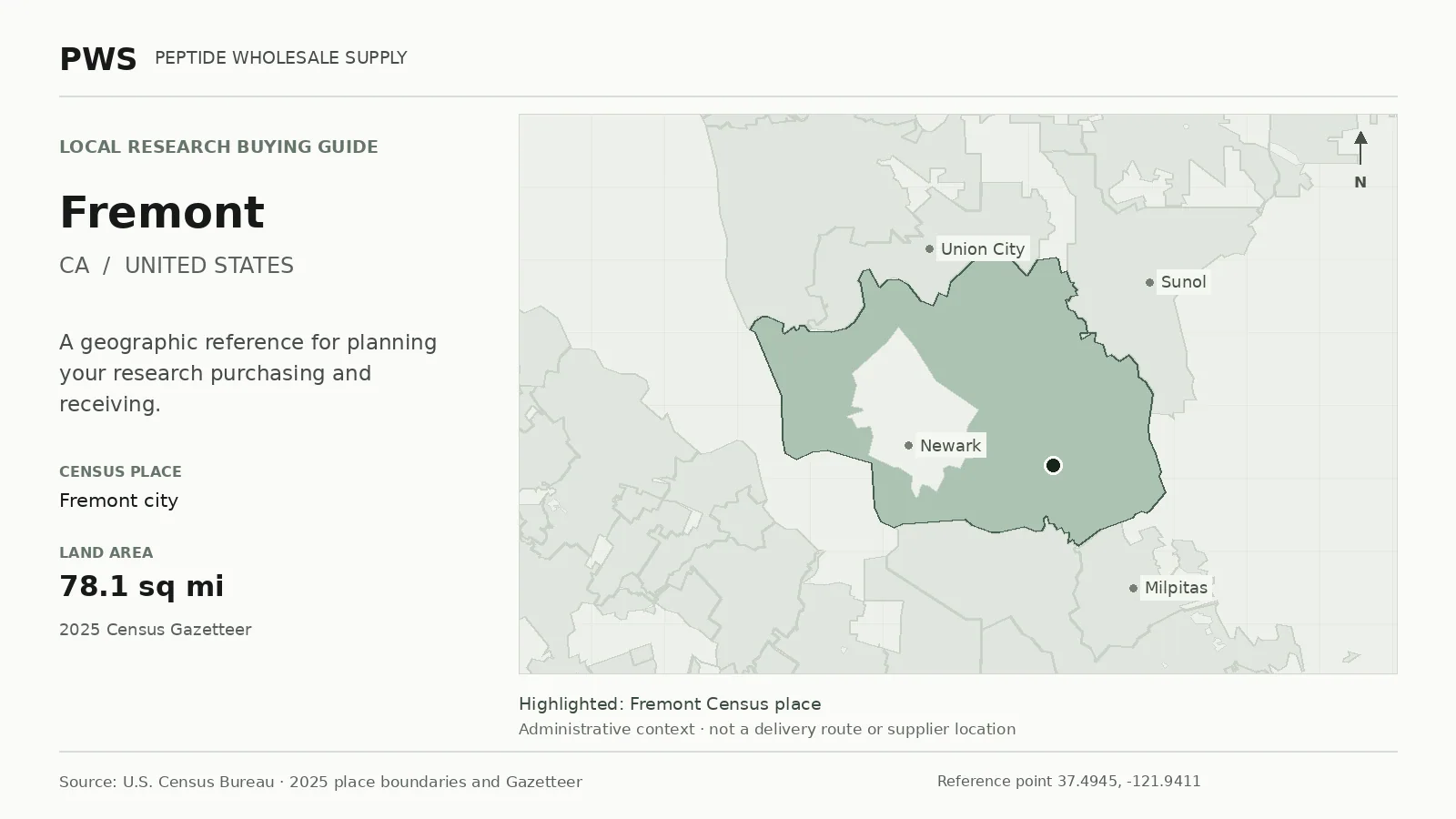 Map of the Fremont city Census place boundary in CA, with nearby Census places for receiving-address planning.
