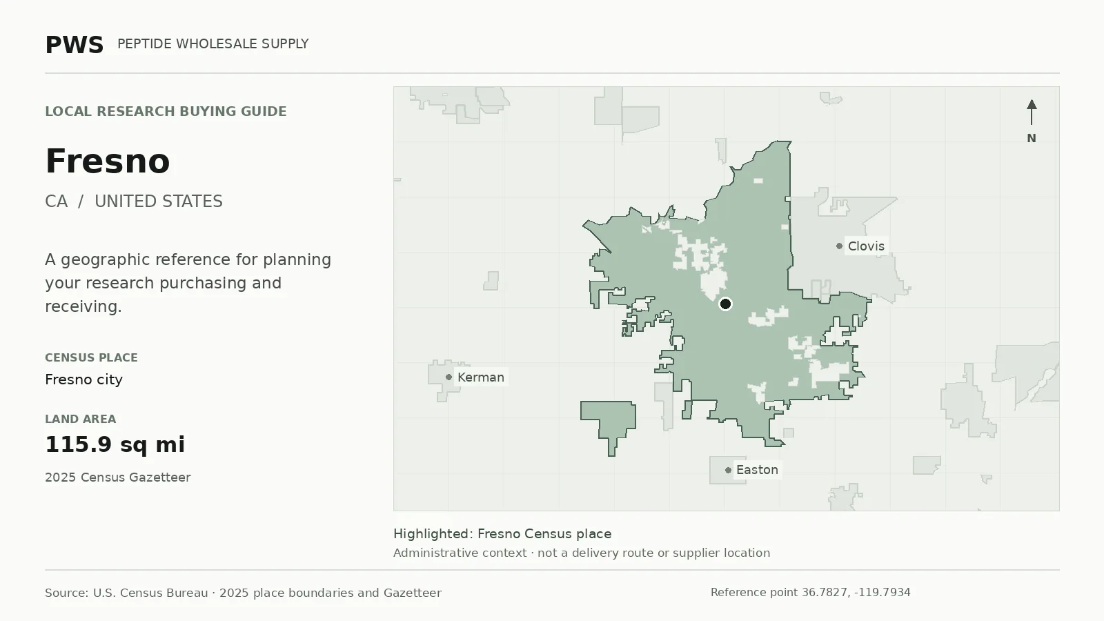 Map of the Fresno city Census place boundary in CA, with nearby Census places for receiving-address planning.