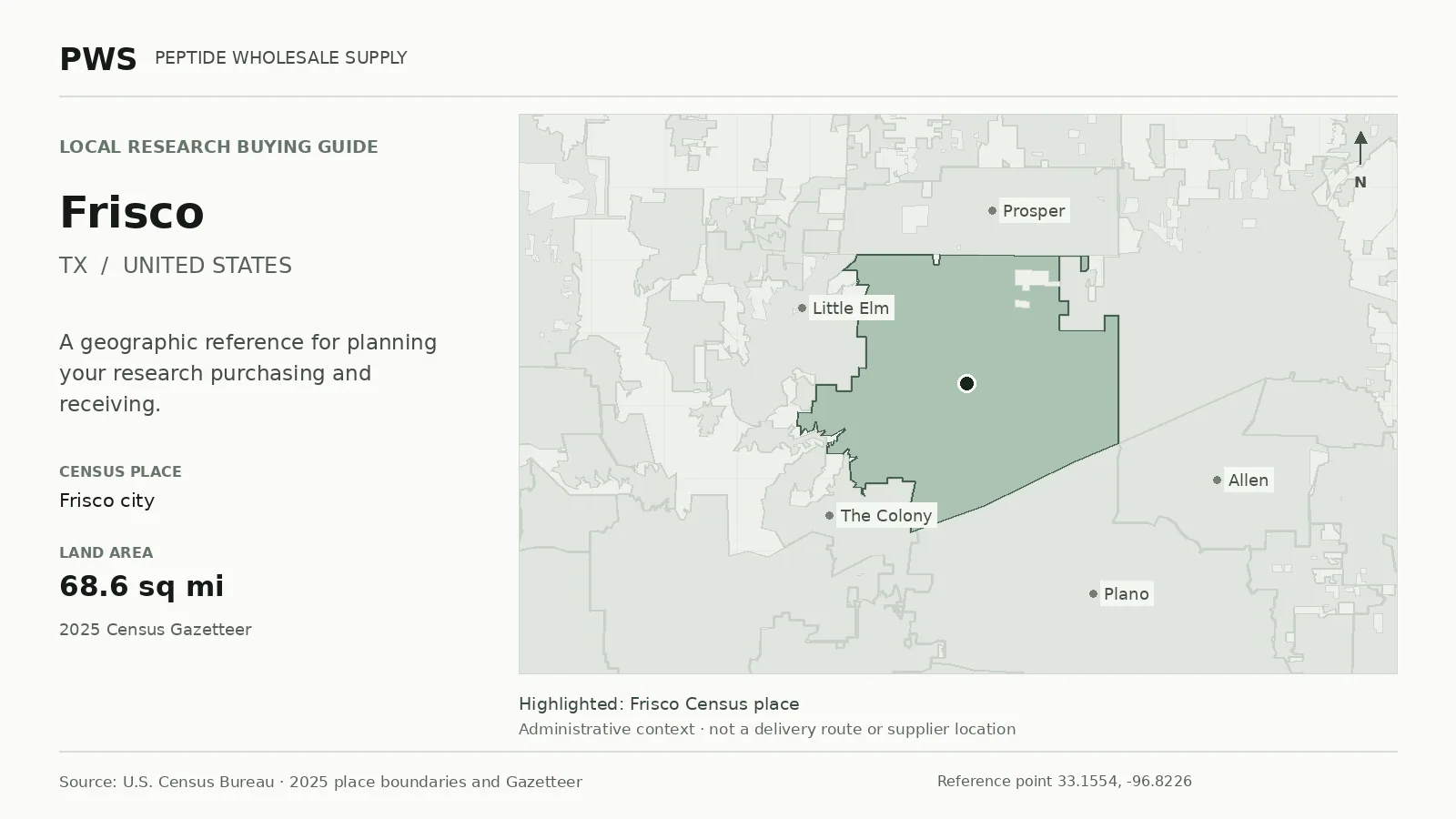Map of the Frisco city Census place boundary in TX, with nearby Census places for receiving-address planning.