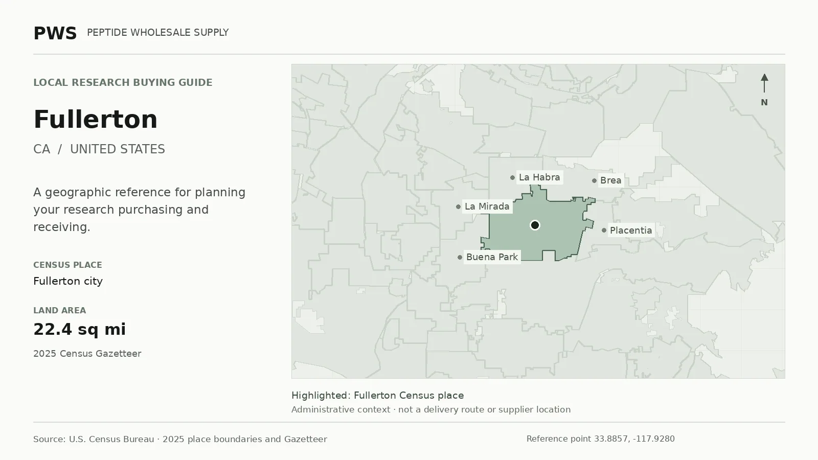 Map of the Fullerton city Census place boundary in CA, with nearby Census places for receiving-address planning.