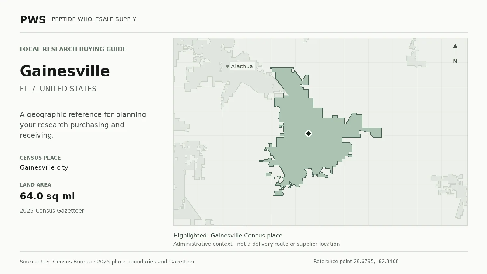 Map of the Gainesville city Census place boundary in FL, with nearby Census places for receiving-address planning.