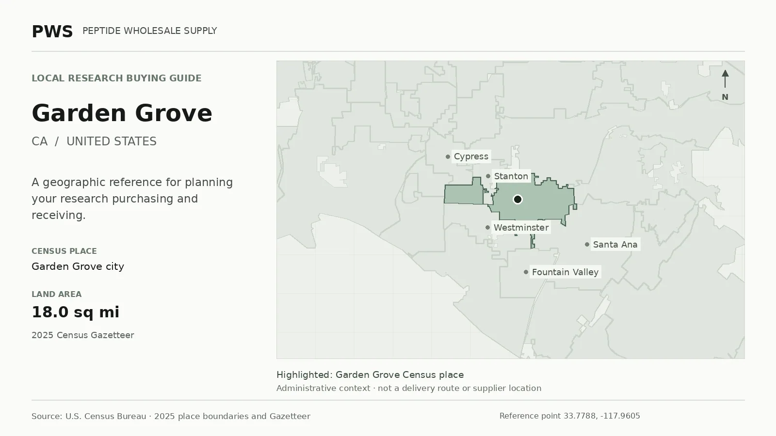 Map of the Garden Grove city Census place boundary in CA, with nearby Census places for receiving-address planning.