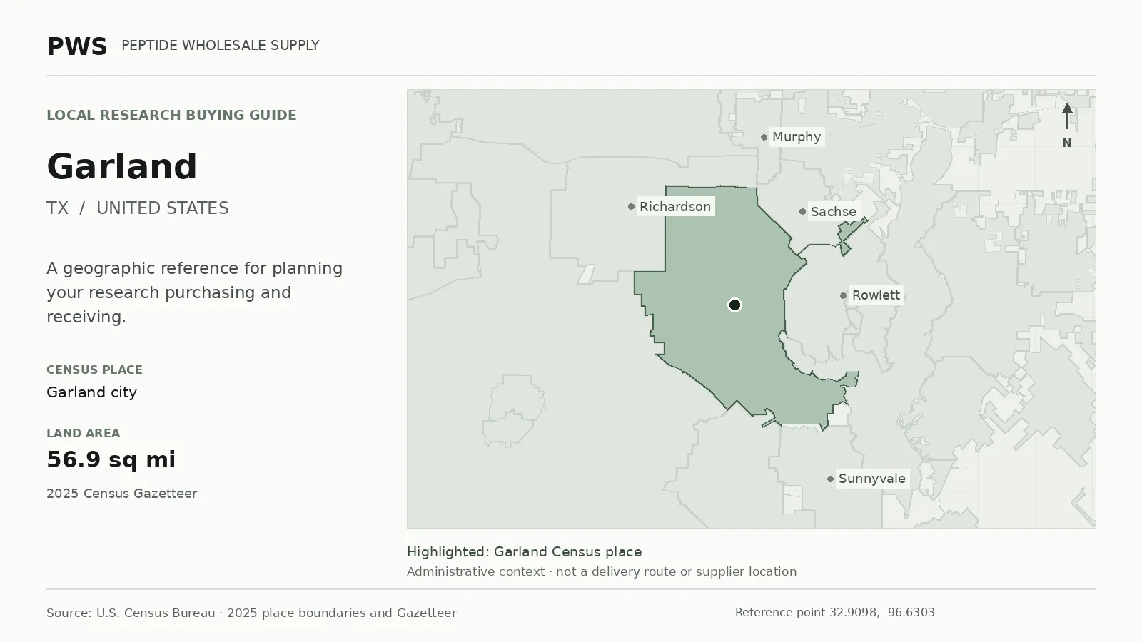 Map of the Garland city Census place boundary in TX, with nearby Census places for receiving-address planning.