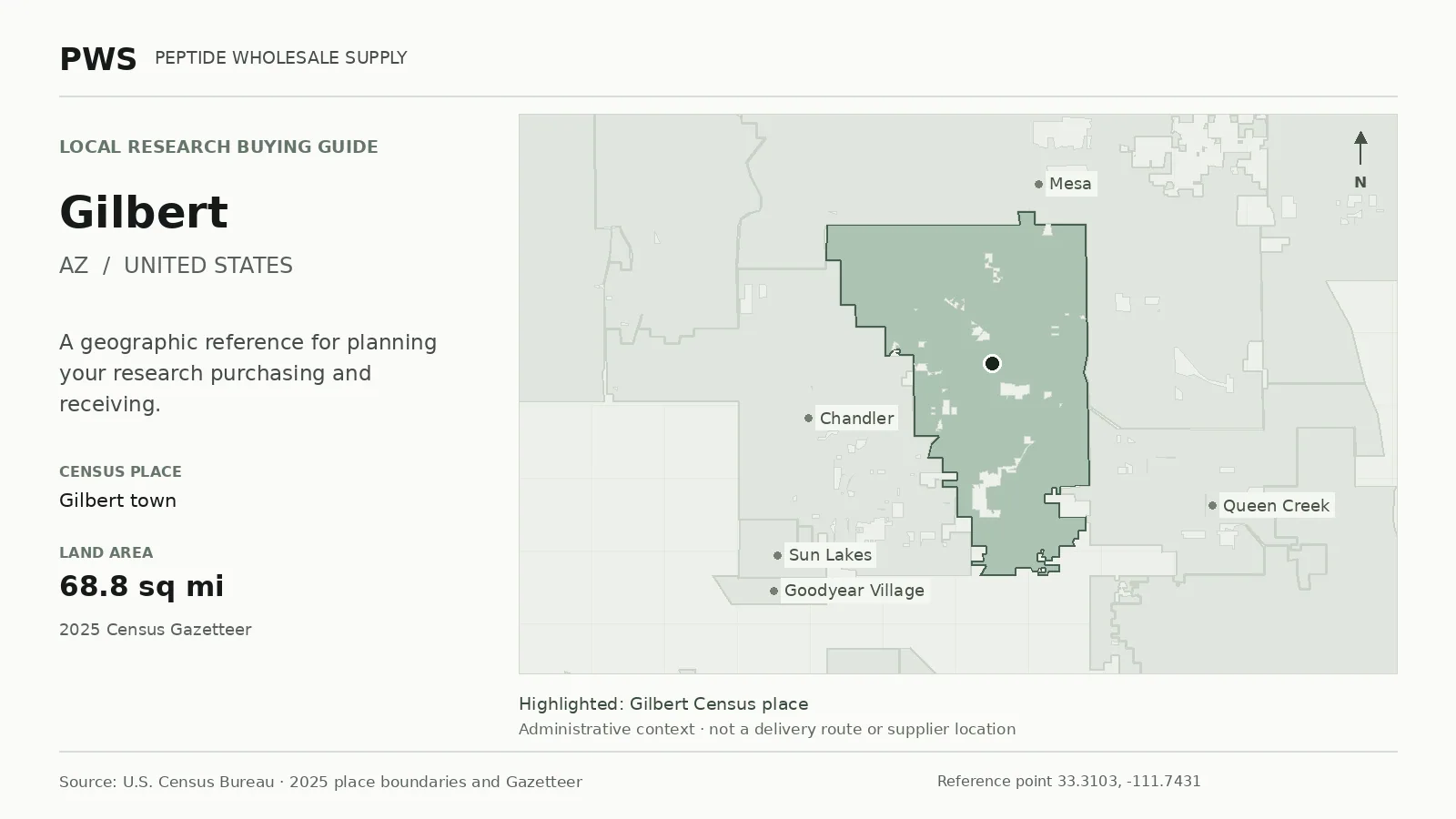 Map of the Gilbert town Census place boundary in AZ, with nearby Census places for receiving-address planning.