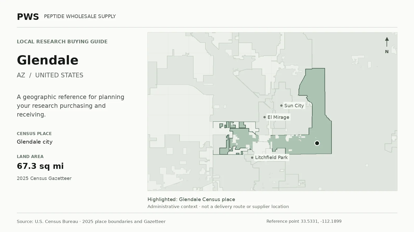 Map of the Glendale city Census place boundary in AZ, with nearby Census places for receiving-address planning.