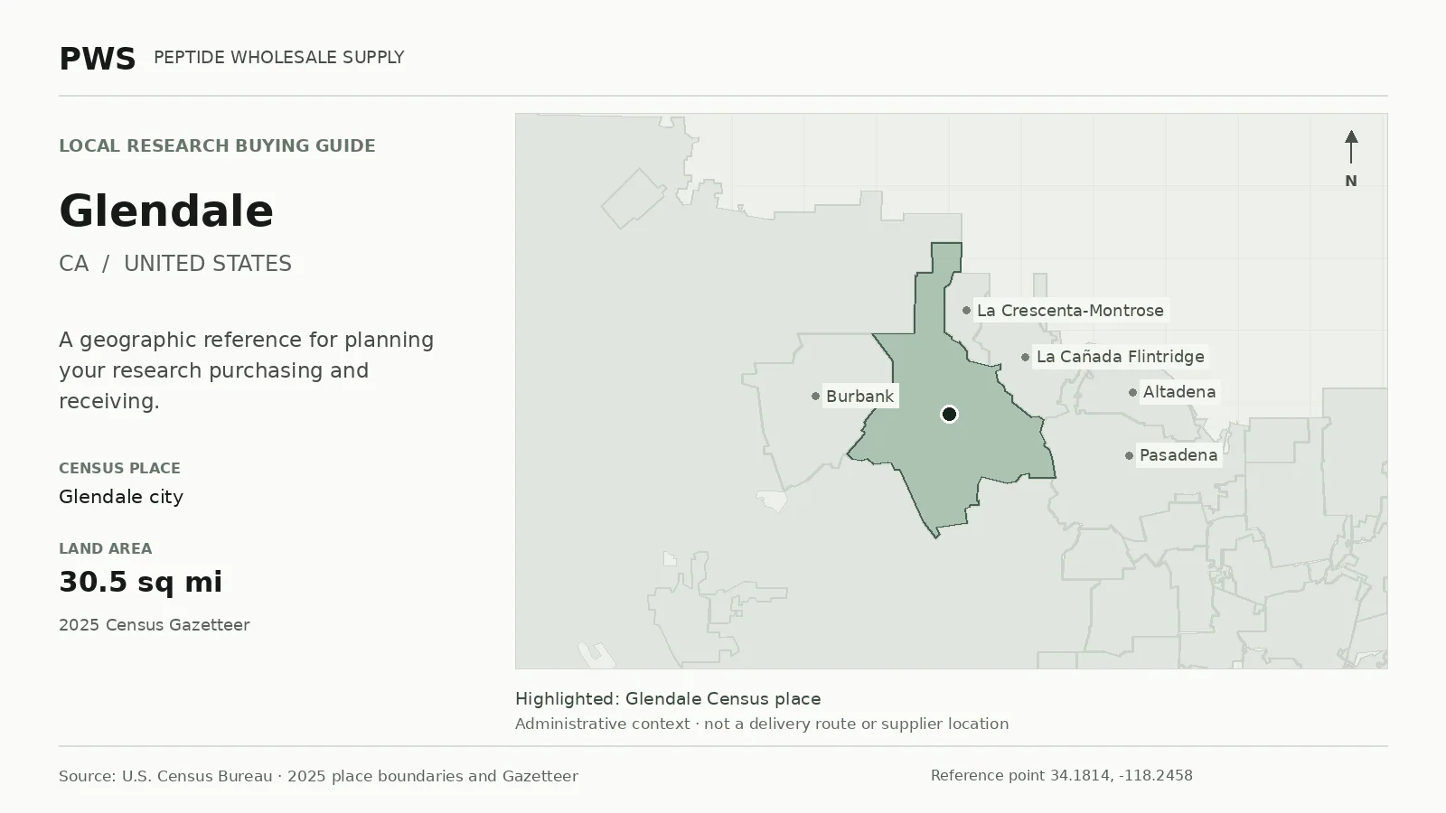 Map of the Glendale city Census place boundary in CA, with nearby Census places for receiving-address planning.