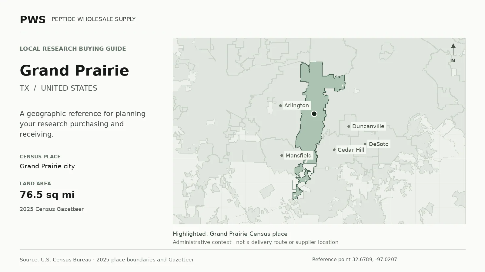 Map of the Grand Prairie city Census place boundary in TX, with nearby Census places for receiving-address planning.