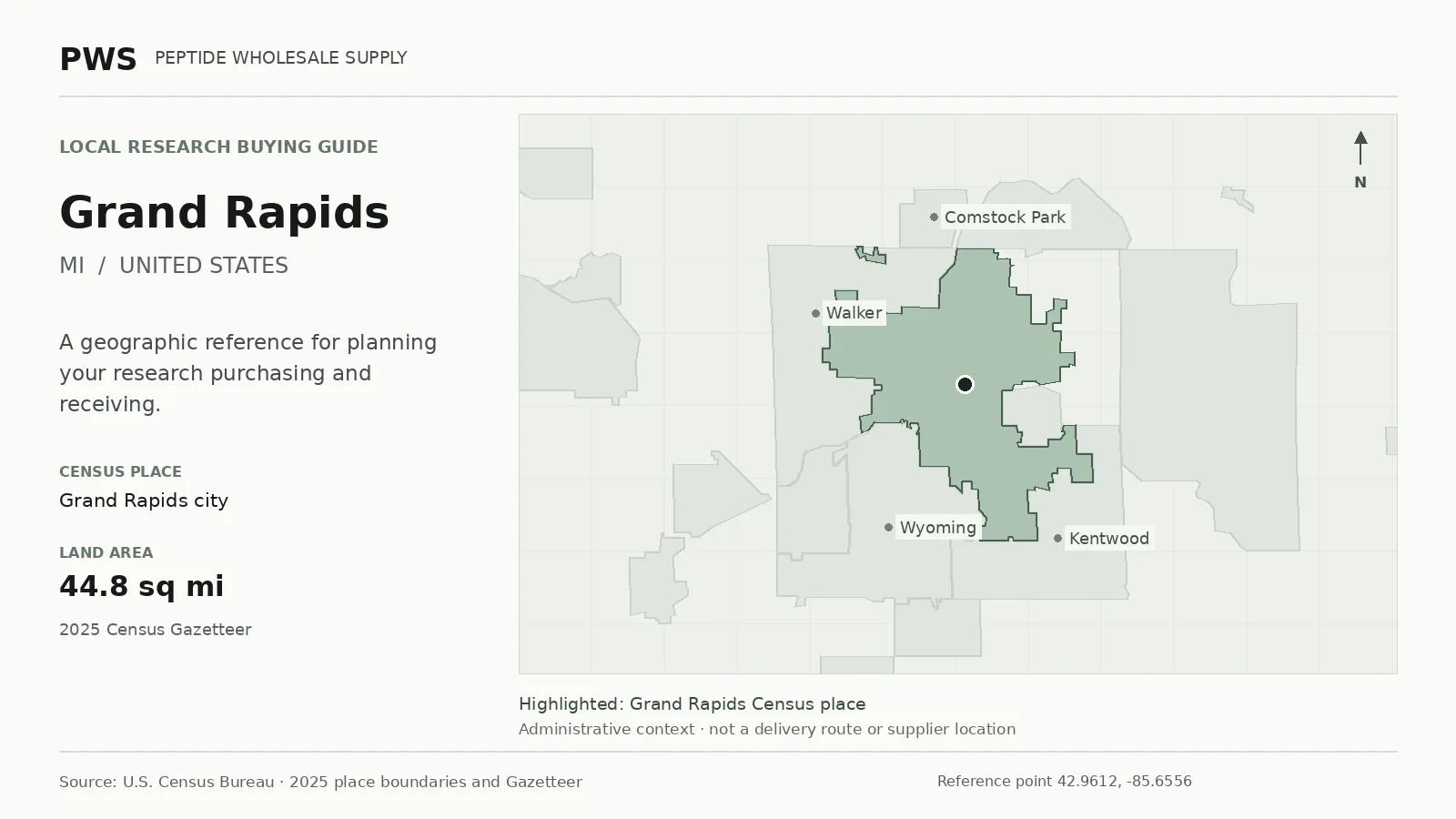Map of the Grand Rapids city Census place boundary in MI, with nearby Census places for receiving-address planning.