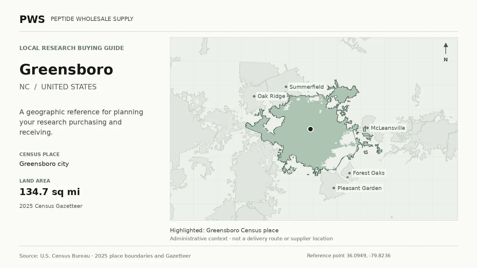 Map of the Greensboro city Census place boundary in NC, with nearby Census places for receiving-address planning.