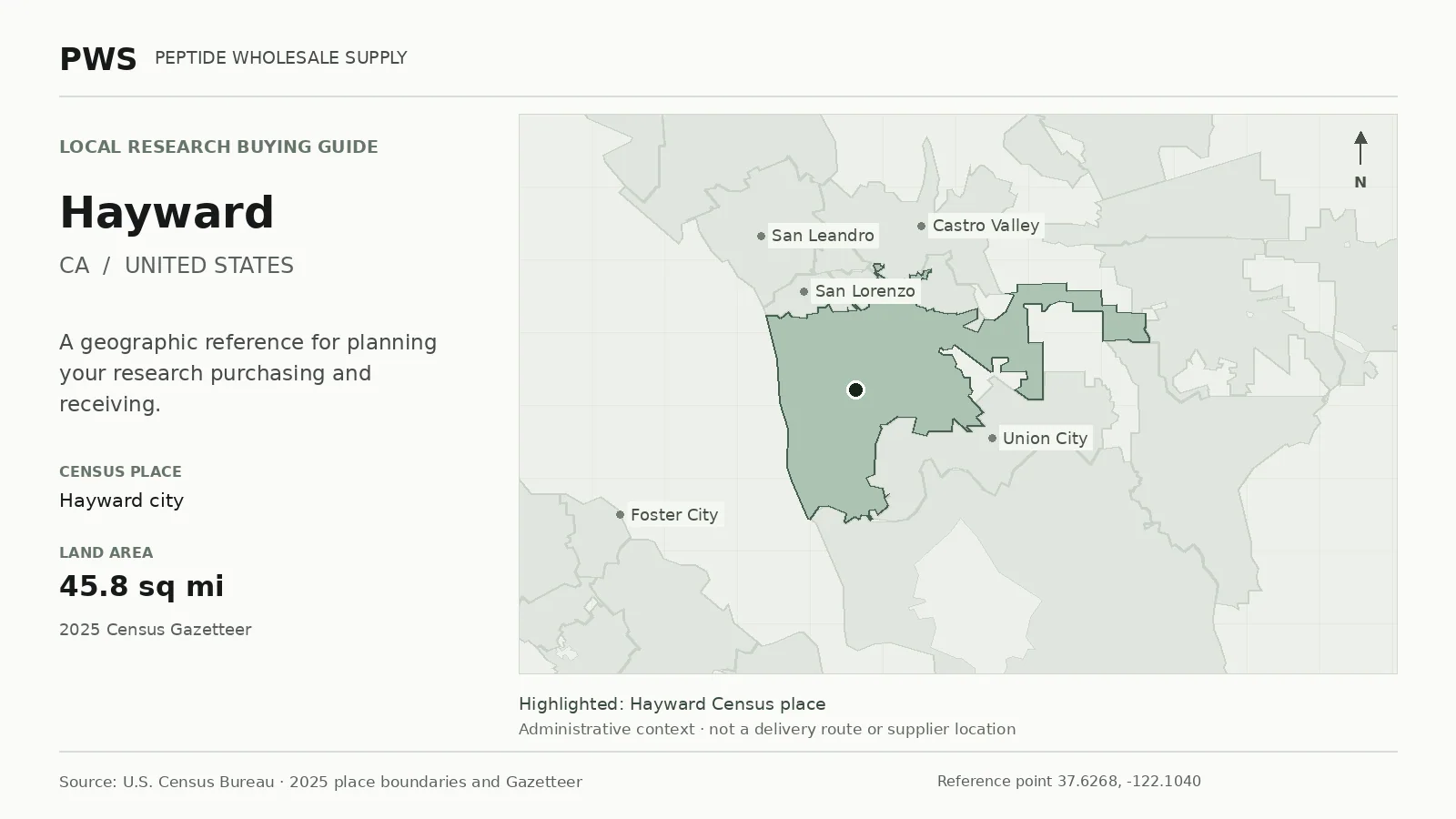 Map of the Hayward city Census place boundary in CA, with nearby Census places for receiving-address planning.