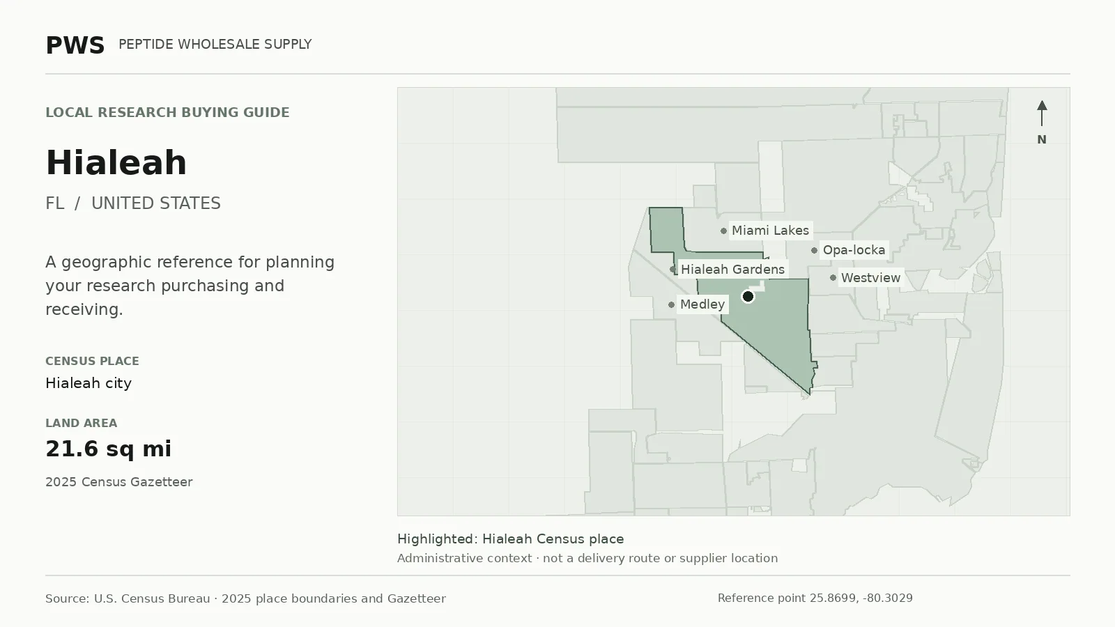 Map of the Hialeah city Census place boundary in FL, with nearby Census places for receiving-address planning.