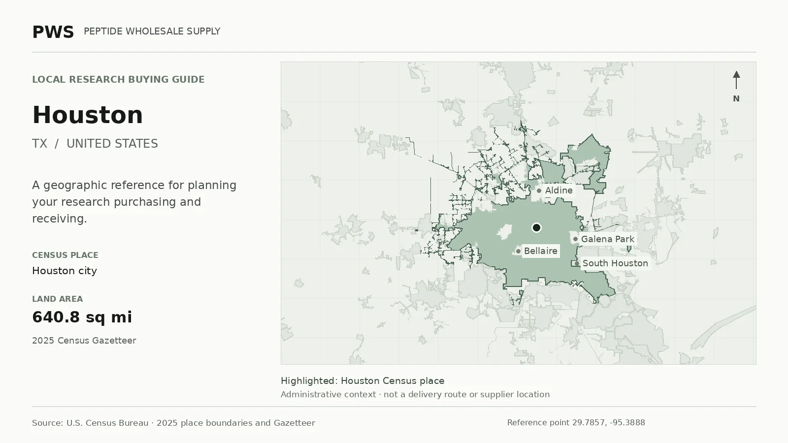 Map of the Houston city Census place boundary in TX, with nearby Census places for receiving-address planning.