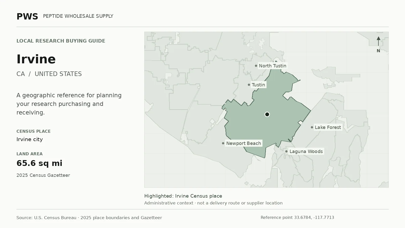 Map of the Irvine city Census place boundary in CA, with nearby Census places for receiving-address planning.