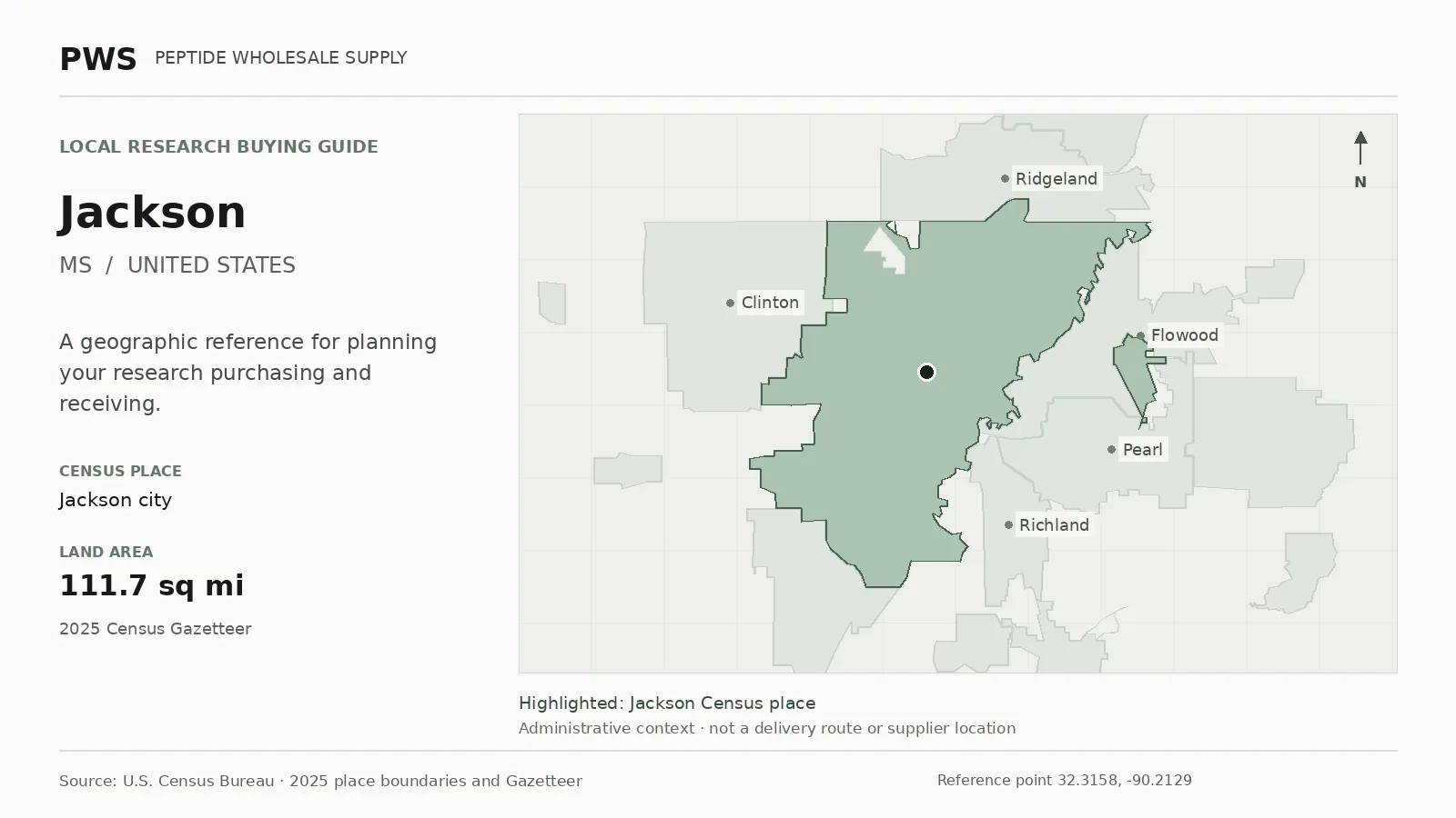 Map of the Jackson city Census place boundary in MS, with nearby Census places for receiving-address planning.