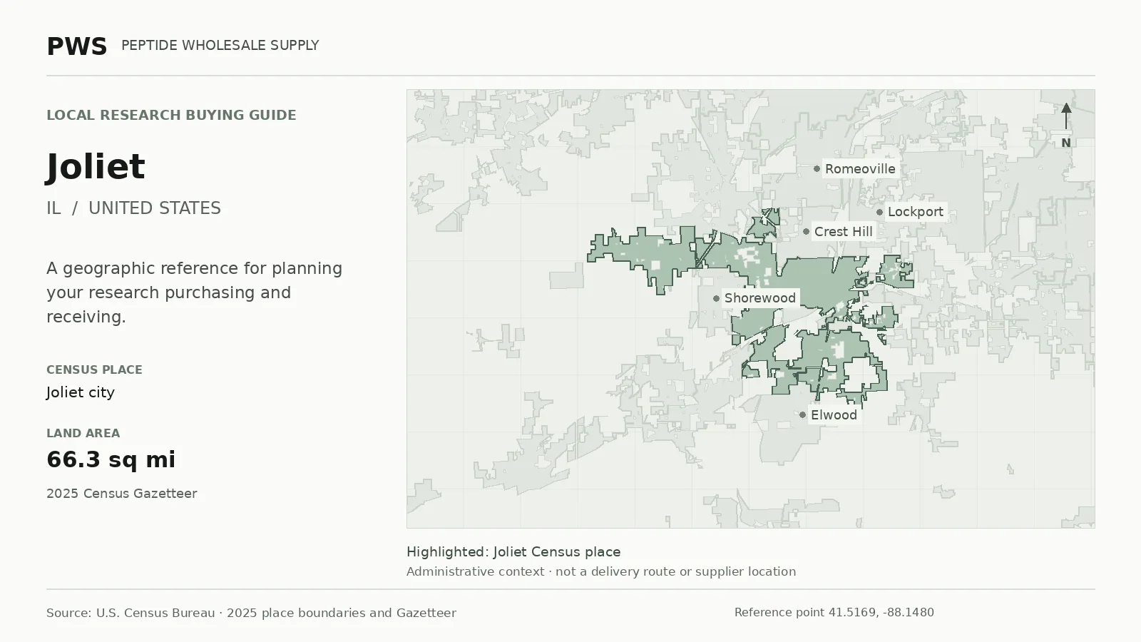 Map of the Joliet city Census place boundary in IL, with nearby Census places for receiving-address planning.