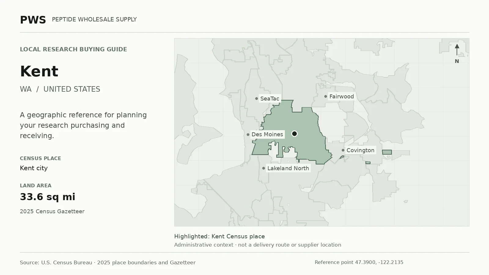 Map of the Kent city Census place boundary in WA, with nearby Census places for receiving-address planning.