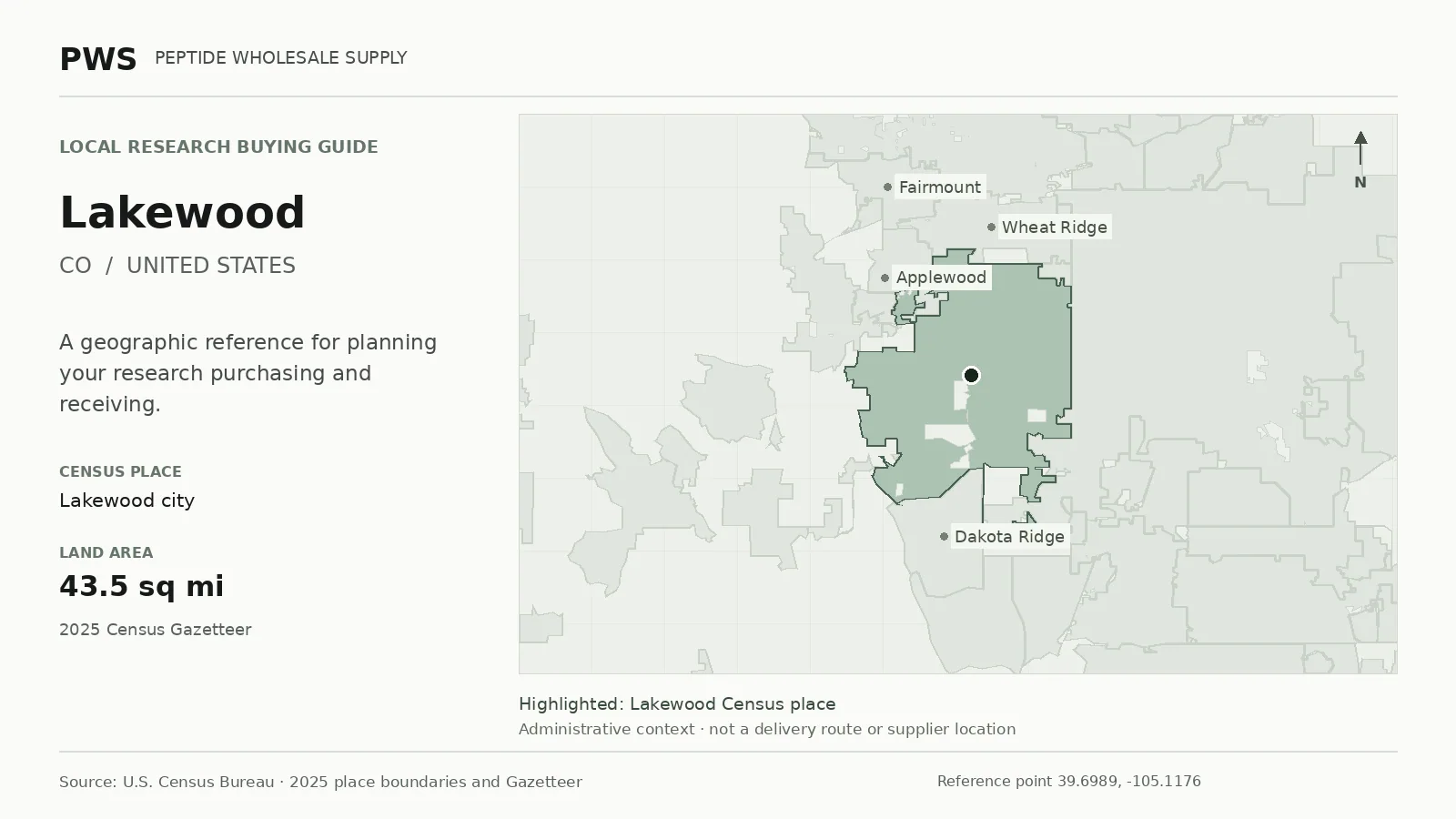 Map of the Lakewood city Census place boundary in CO, with nearby Census places for receiving-address planning.