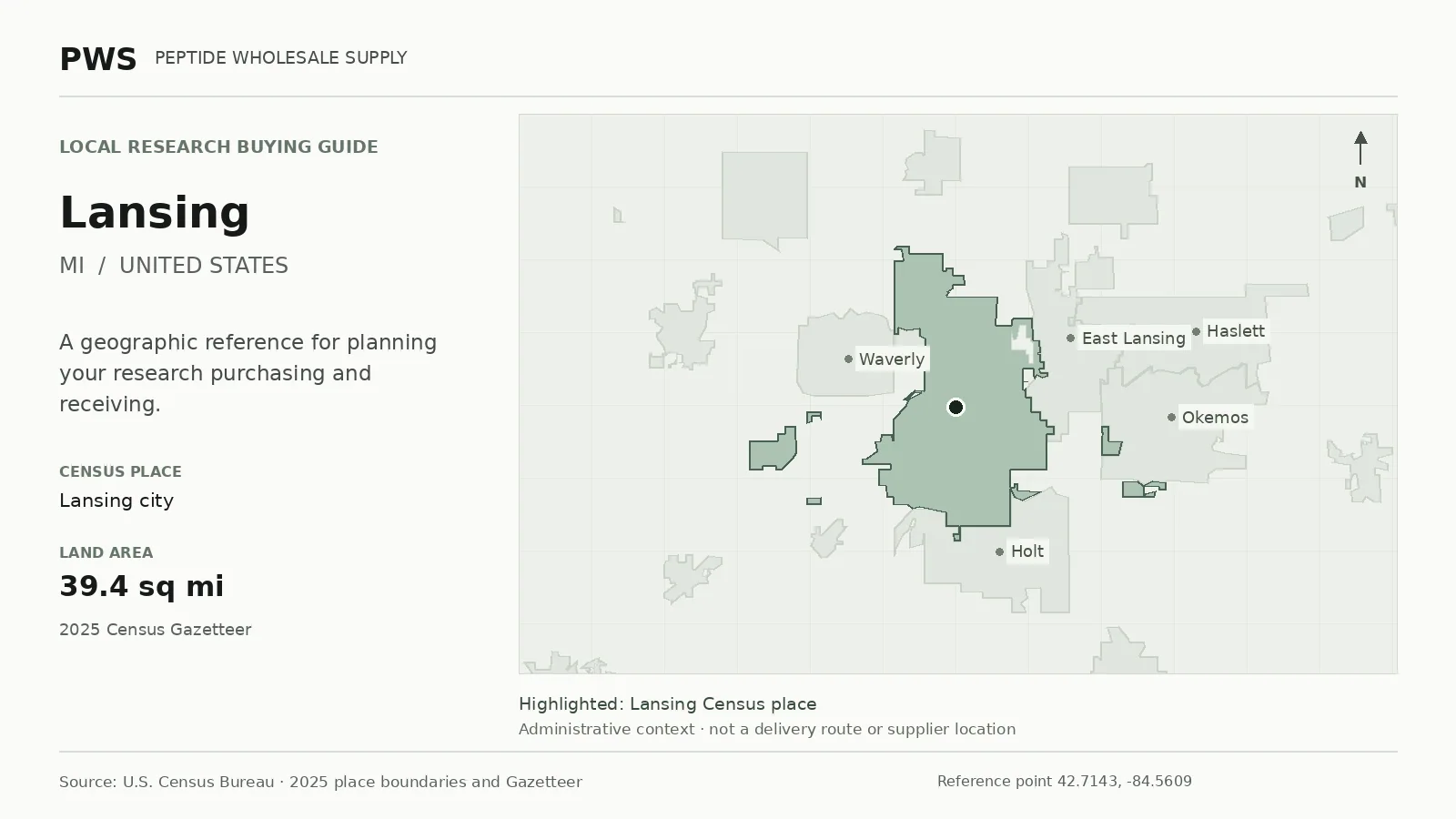 Map of the Lansing city Census place boundary in MI, with nearby Census places for receiving-address planning.