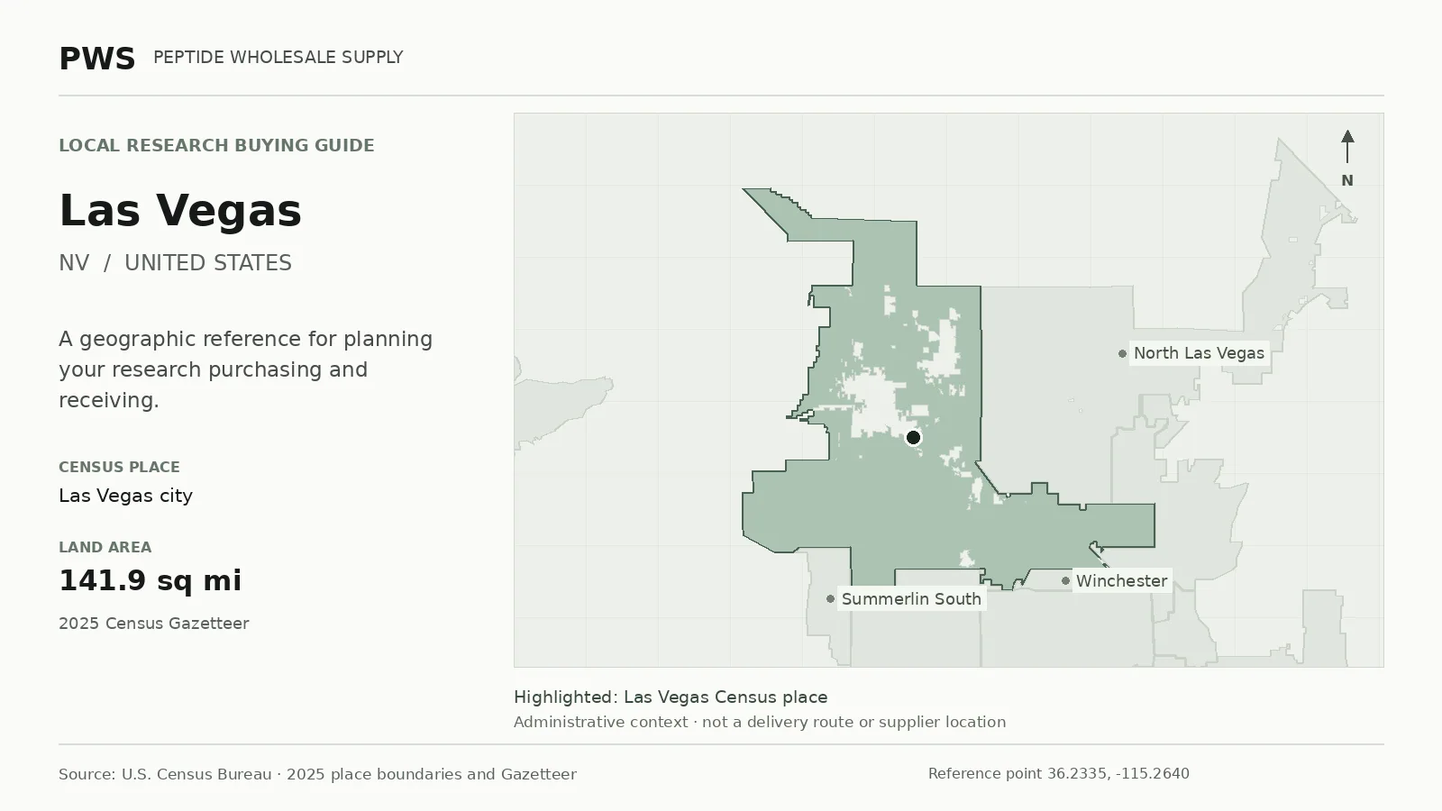 Map of the Las Vegas city Census place boundary in NV, with nearby Census places for receiving-address planning.