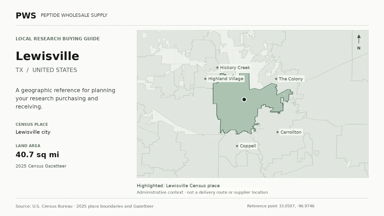 Map of the Lewisville city Census place boundary in TX, with nearby Census places for receiving-address planning.