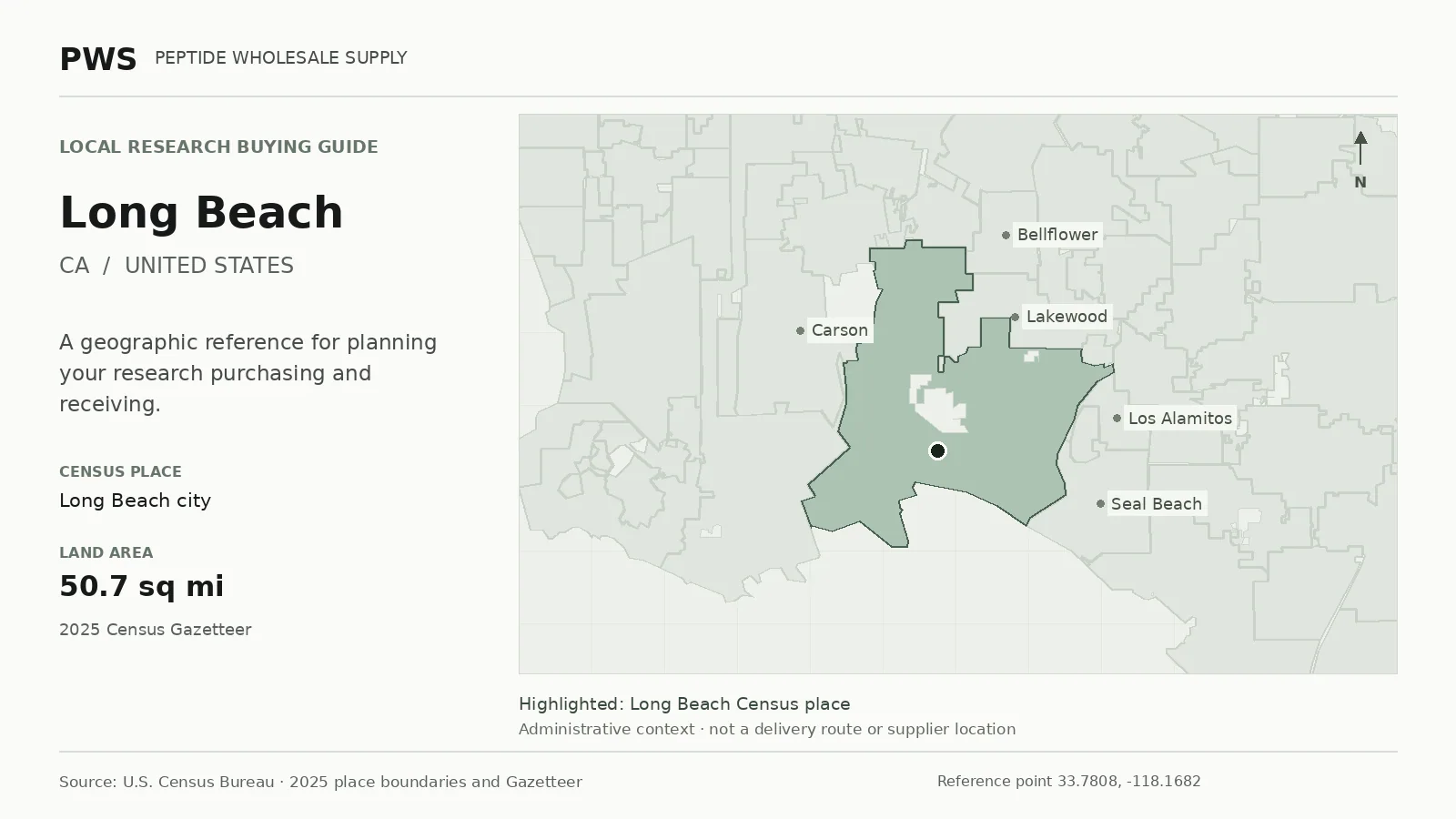 Map of the Long Beach city Census place boundary in CA, with nearby Census places for receiving-address planning.