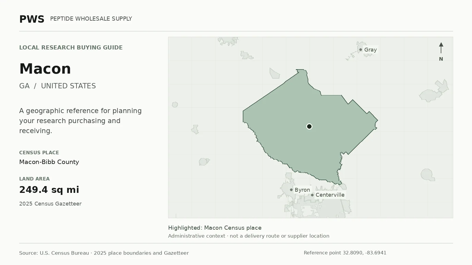 Map of the Macon-Bibb County Census place boundary in GA, with nearby Census places for receiving-address planning.