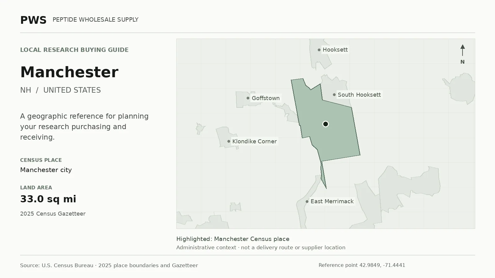 Map of the Manchester city Census place boundary in NH, with nearby Census places for receiving-address planning.