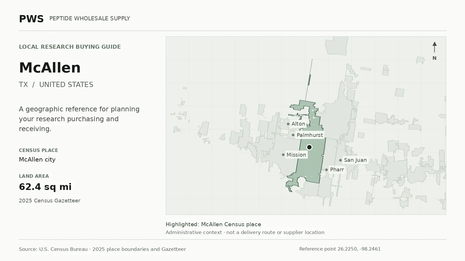 Map of the McAllen city Census place boundary in TX, with nearby Census places for receiving-address planning.