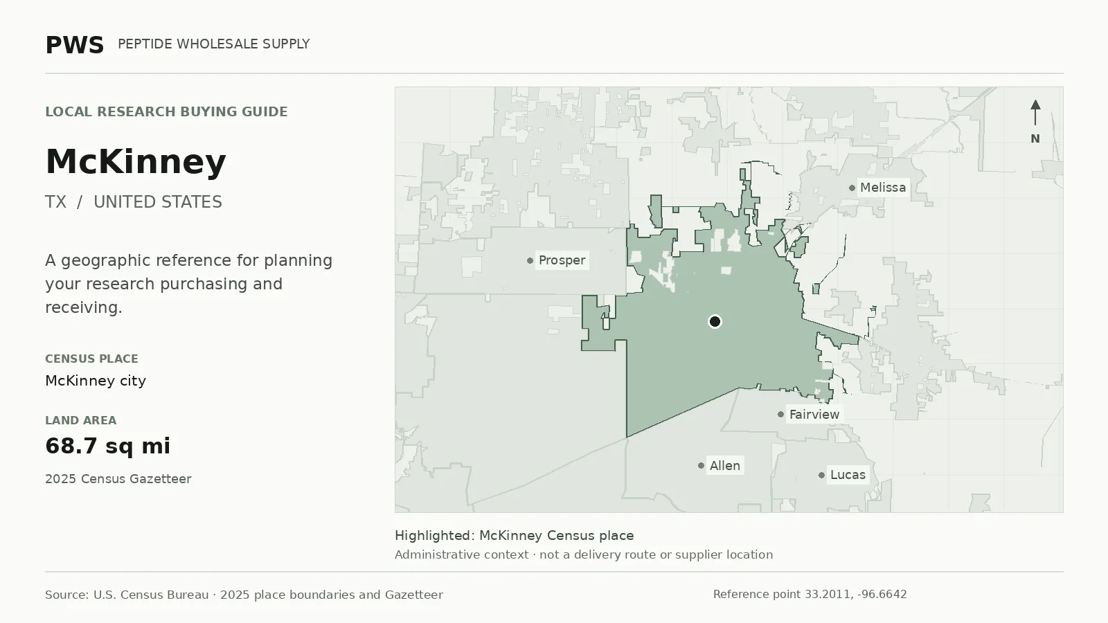 Map of the McKinney city Census place boundary in TX, with nearby Census places for receiving-address planning.