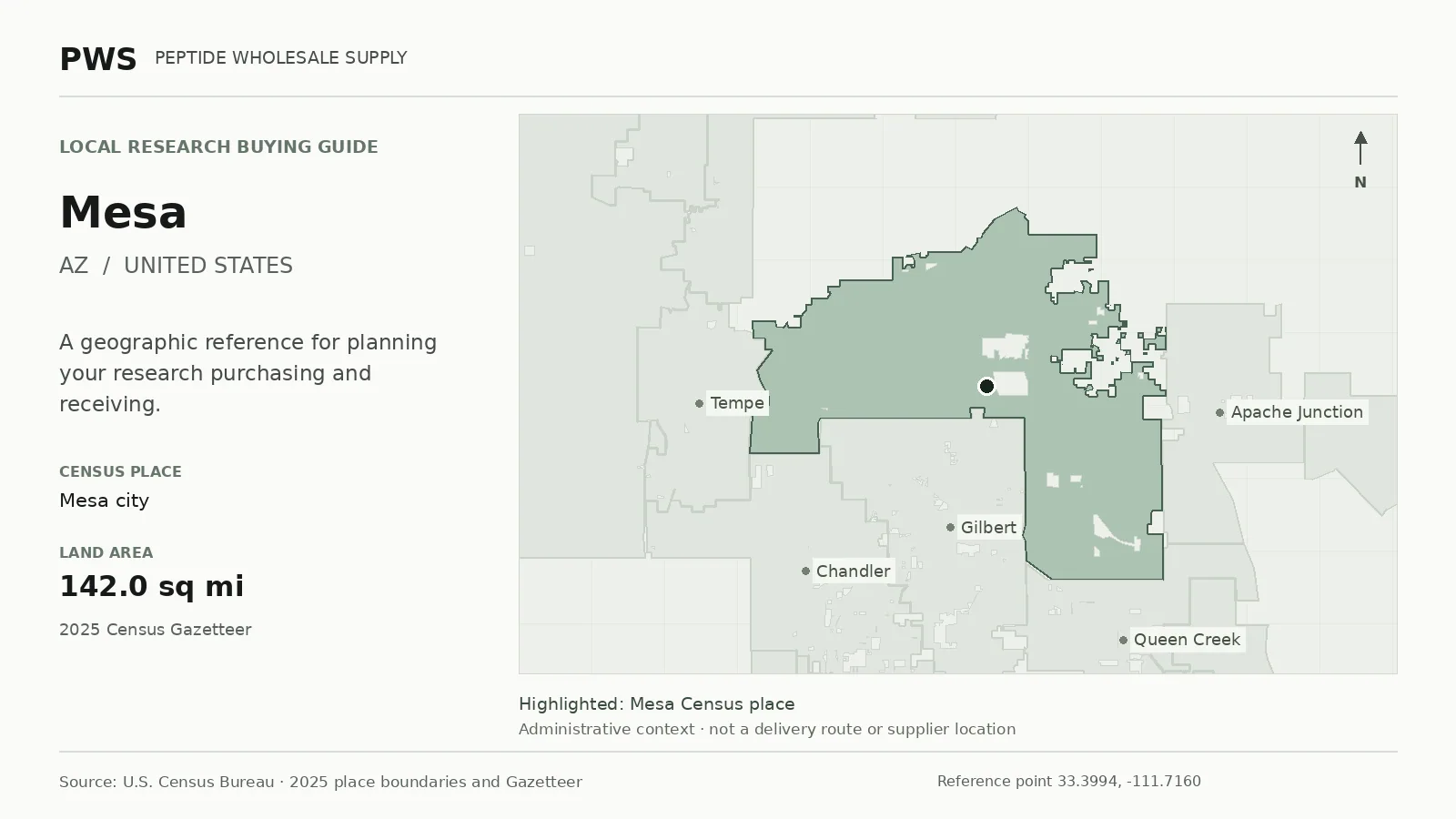 Map of the Mesa city Census place boundary in AZ, with nearby Census places for receiving-address planning.