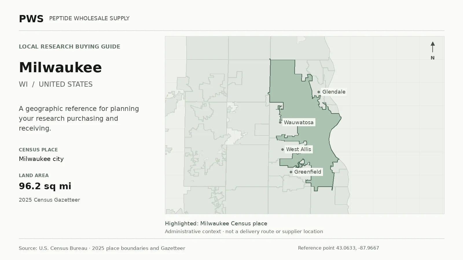 Map of the Milwaukee city Census place boundary in WI, with nearby Census places for receiving-address planning.
