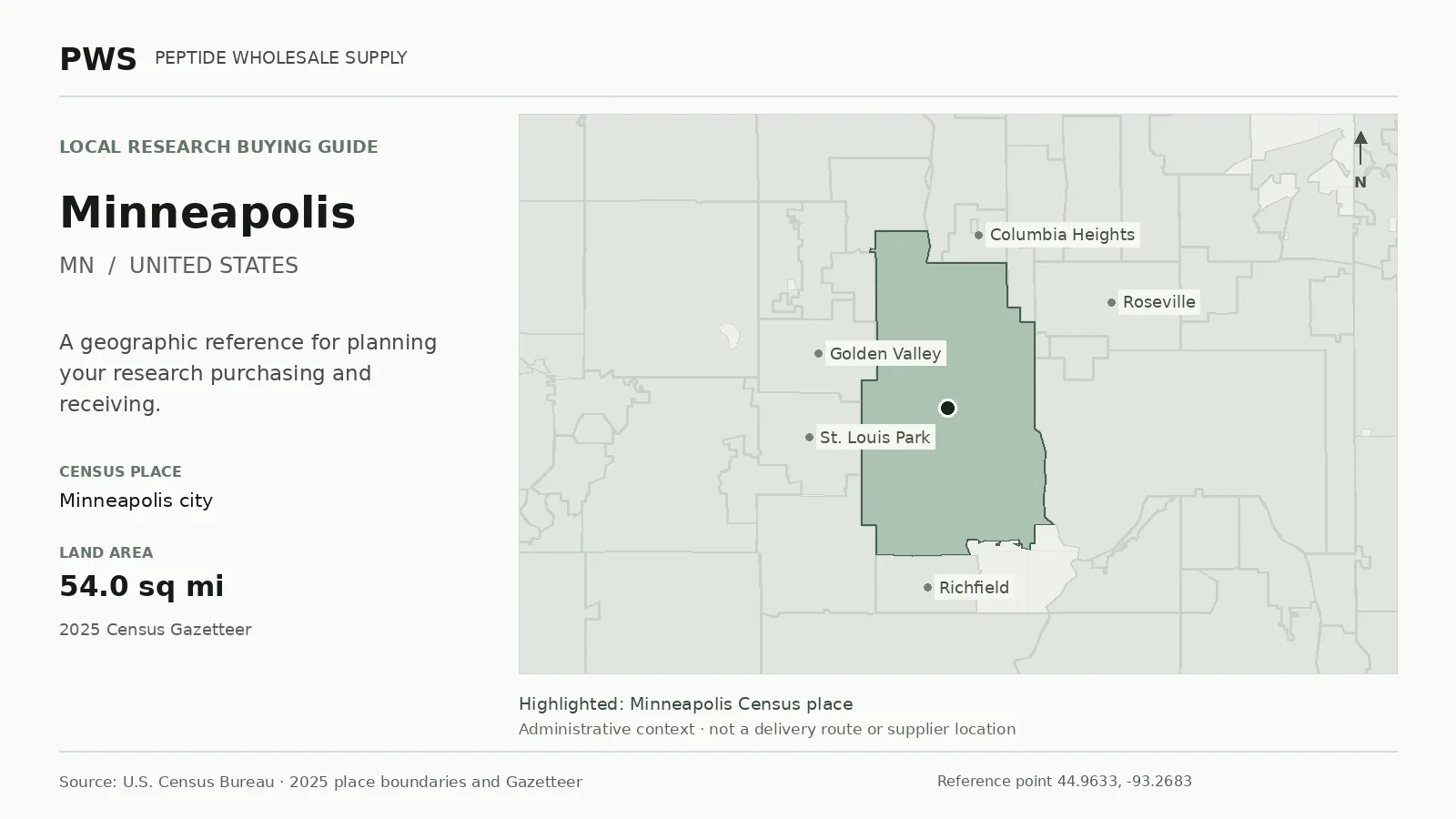 Map of the Minneapolis city Census place boundary in MN, with nearby Census places for receiving-address planning.