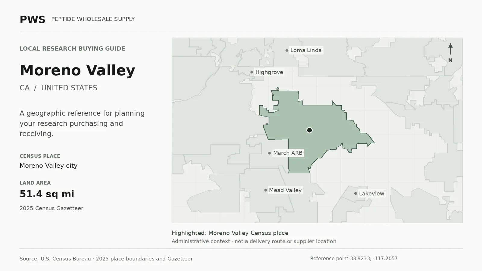 Map of the Moreno Valley city Census place boundary in CA, with nearby Census places for receiving-address planning.
