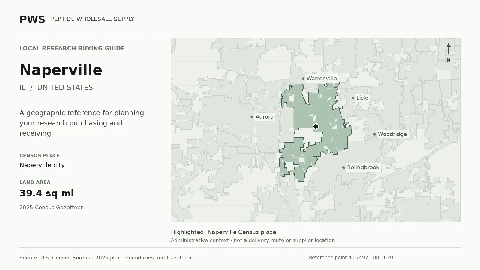 Map of the Naperville city Census place boundary in IL, with nearby Census places for receiving-address planning.