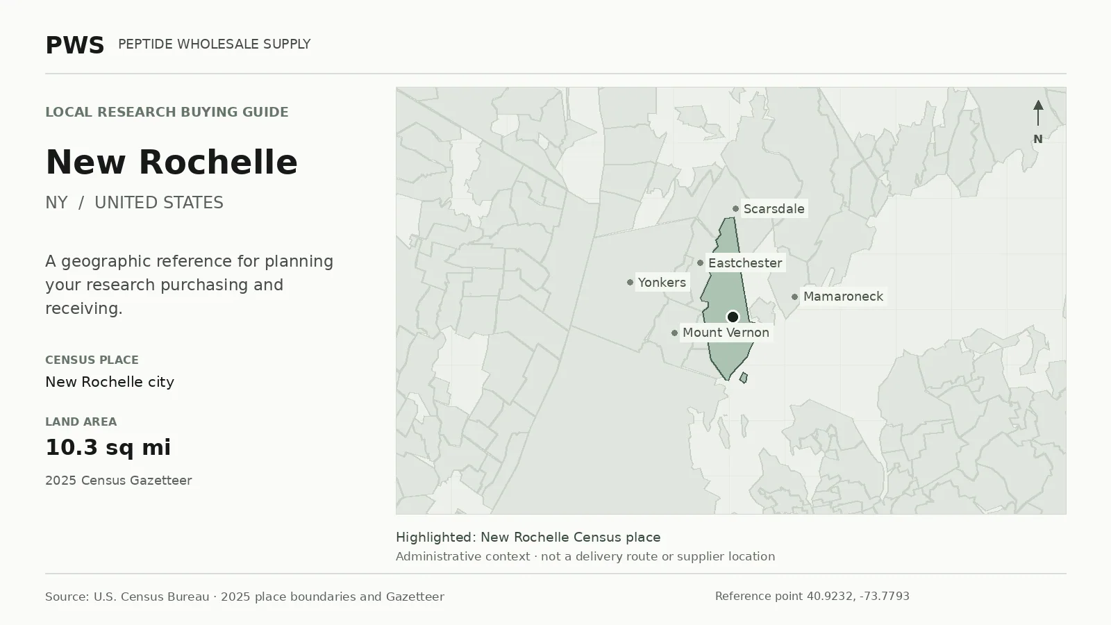 Map of the New Rochelle city Census place boundary in NY, with nearby Census places for receiving-address planning.