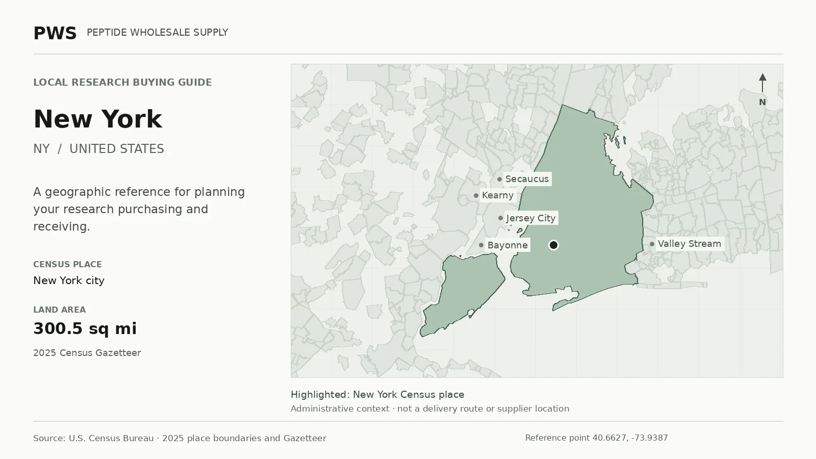 Map of the New York city Census place boundary in NY, with nearby Census places for receiving-address planning.