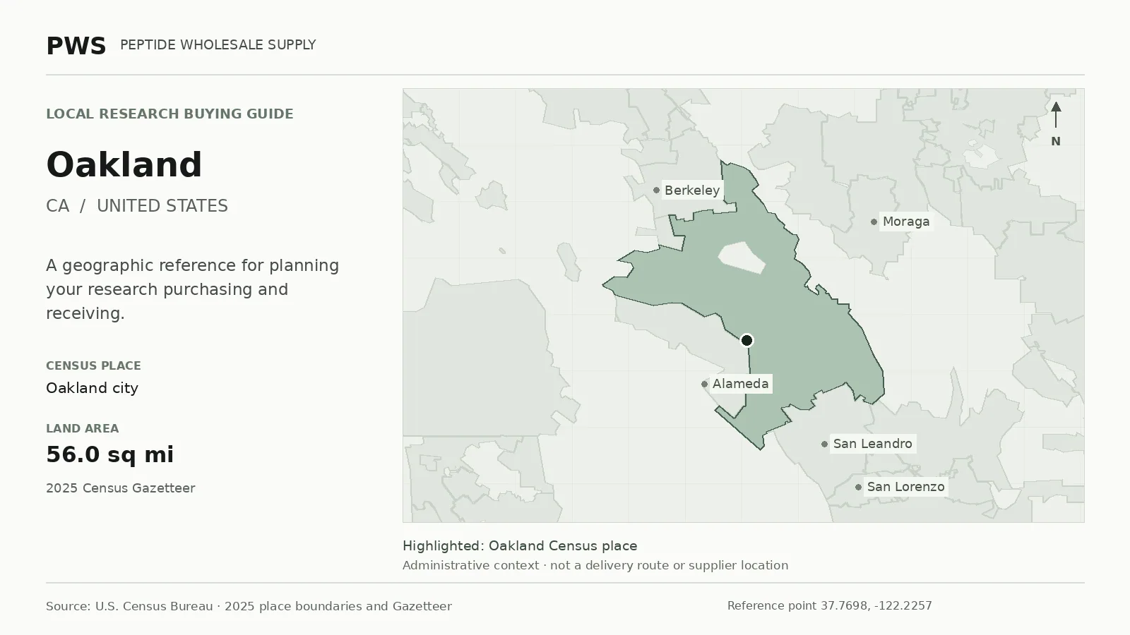 Map of the Oakland city Census place boundary in CA, with nearby Census places for receiving-address planning.