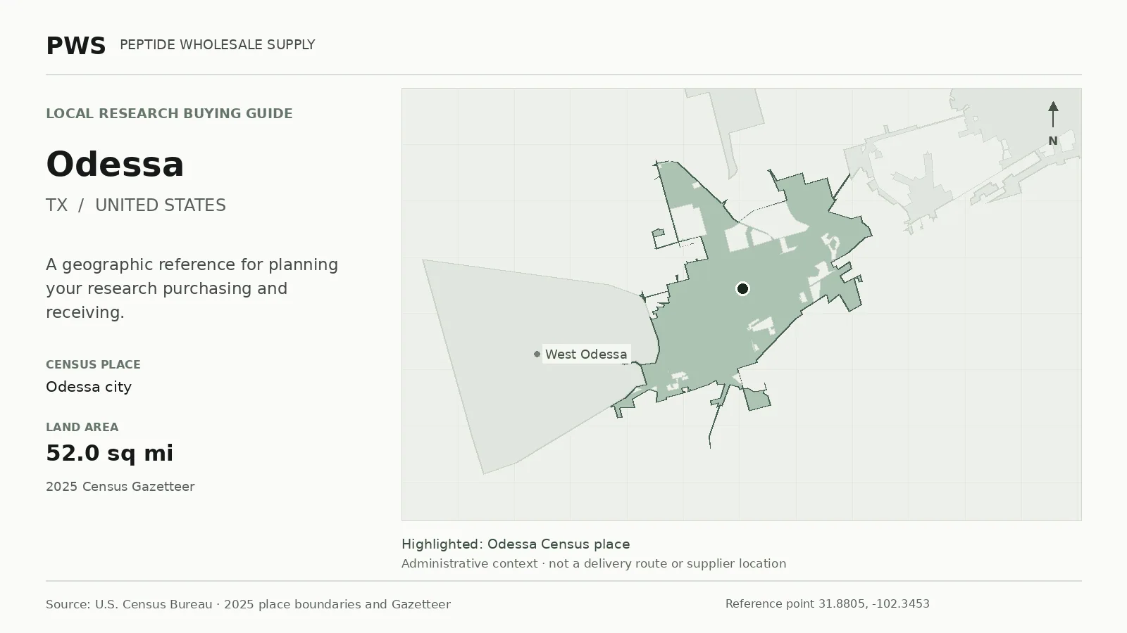 Map of the Odessa city Census place boundary in TX, with nearby Census places for receiving-address planning.