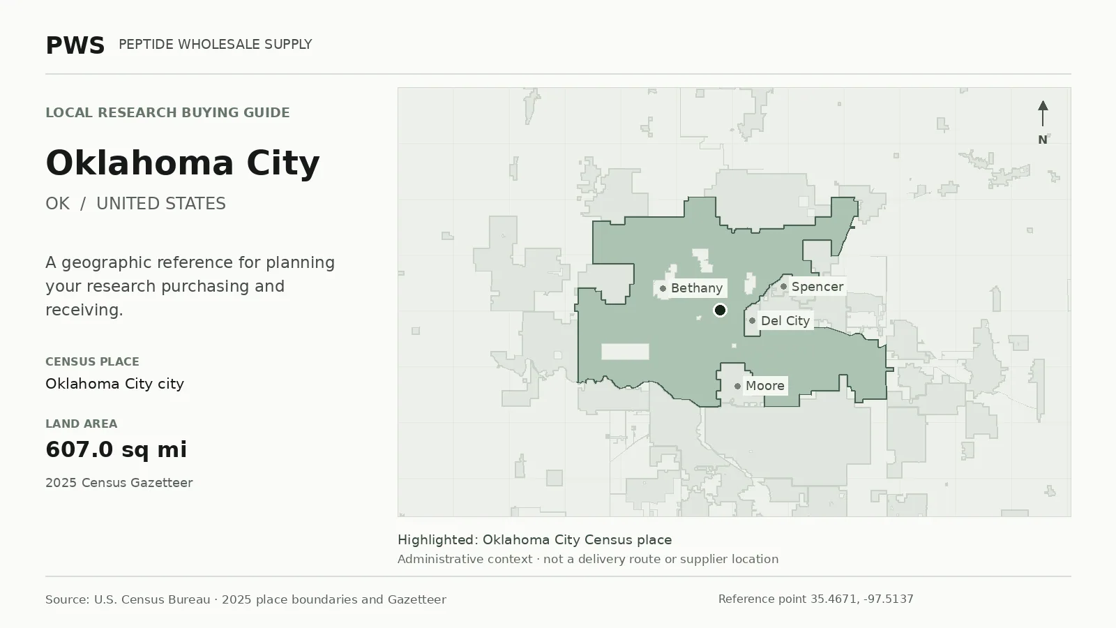 Map of the Oklahoma City city Census place boundary in OK, with nearby Census places for receiving-address planning.