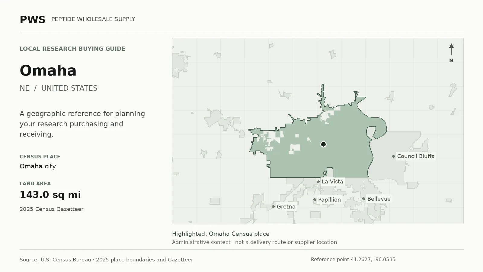 Map of the Omaha city Census place boundary in NE, with nearby Census places for receiving-address planning.