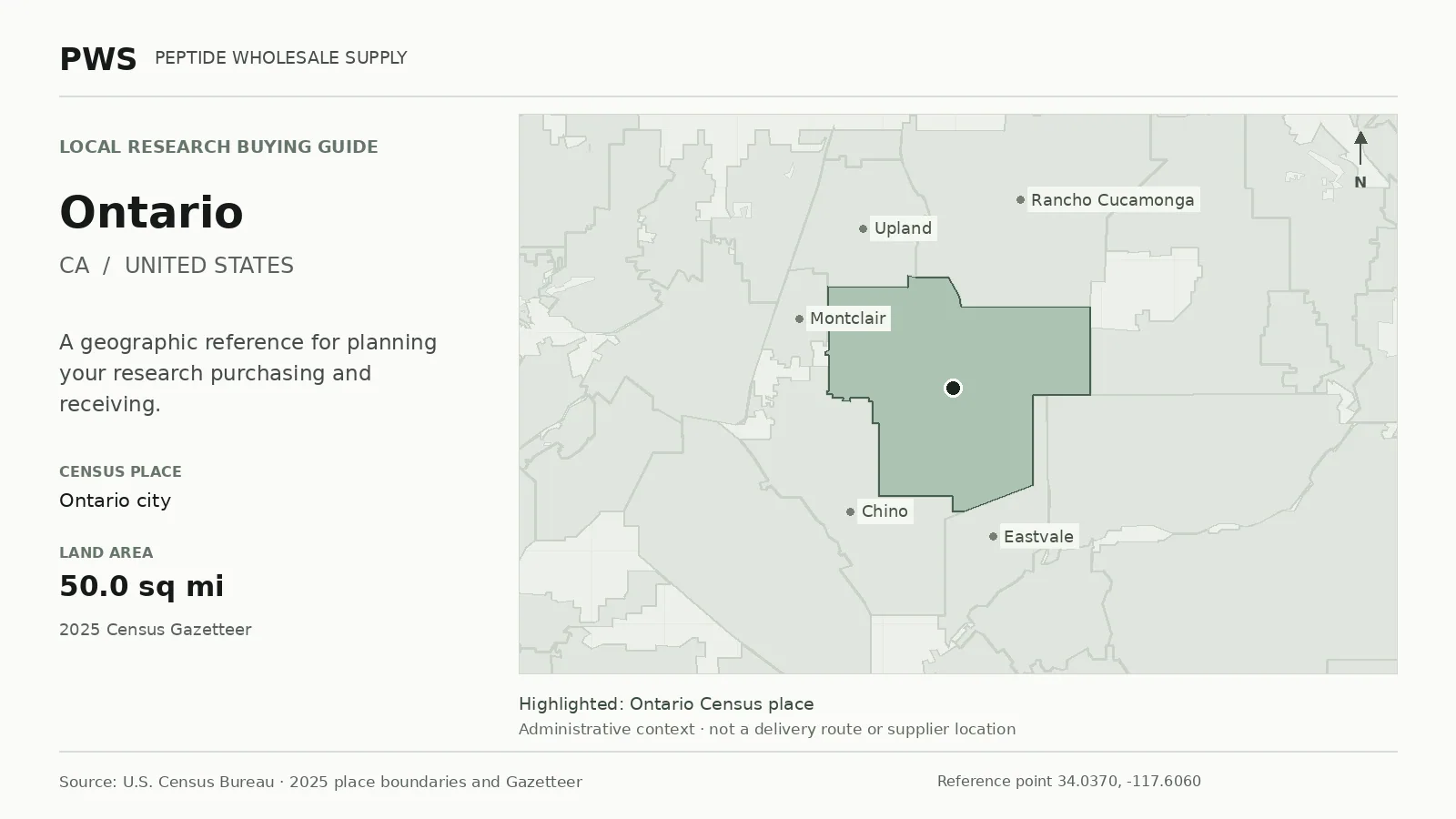 Map of the Ontario city Census place boundary in CA, with nearby Census places for receiving-address planning.