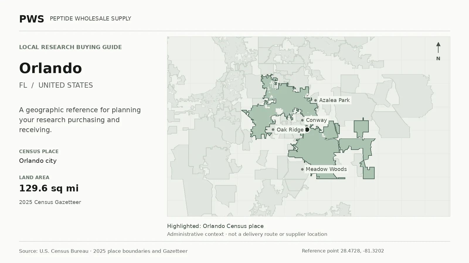 Map of the Orlando city Census place boundary in FL, with nearby Census places for receiving-address planning.