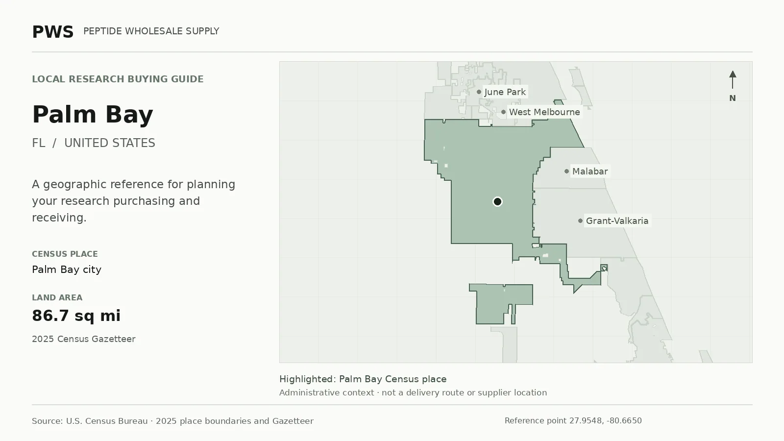 Map of the Palm Bay city Census place boundary in FL, with nearby Census places for receiving-address planning.