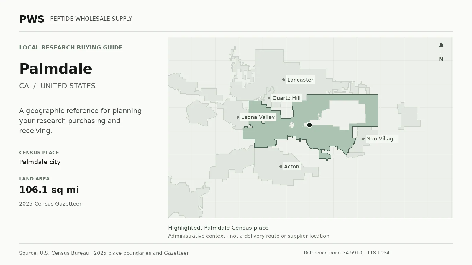 Map of the Palmdale city Census place boundary in CA, with nearby Census places for receiving-address planning.