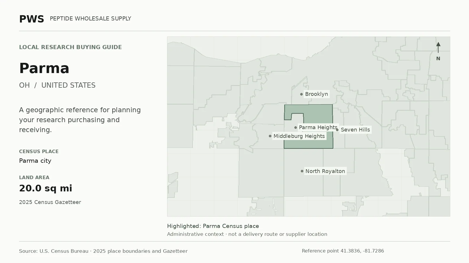 Map of the Parma city Census place boundary in OH, with nearby Census places for receiving-address planning.